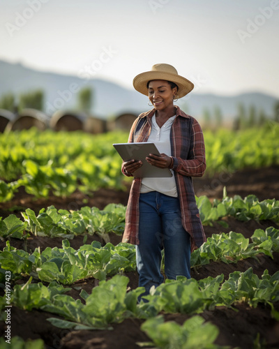 Young african-american woman farmer in a lush vegetable field uses digital tablet to monitor crops: combining modern digital tools with traditional agricultural methods for efficient smart farming photo