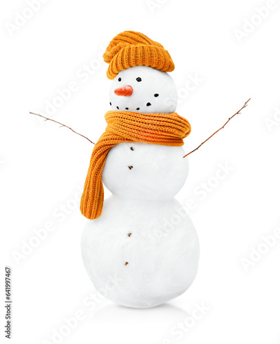 Bild auf Leinwand one snowman in a knitted hat and scarf on a white isolated background