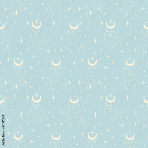 Seamless pattern with with witch woman blue print. Esoteric and tribal bohemian artwork.