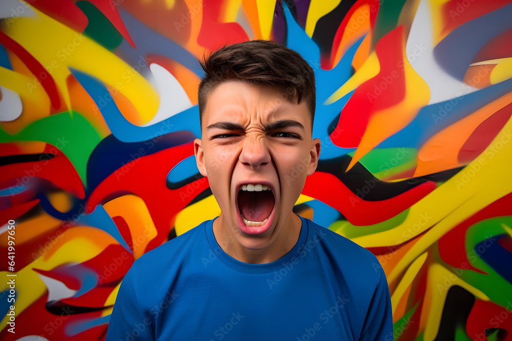 Studio portrait of a teenager boy yelling energetically, isolated on colorful background. Teenager emotions or moods concept. Generative AI