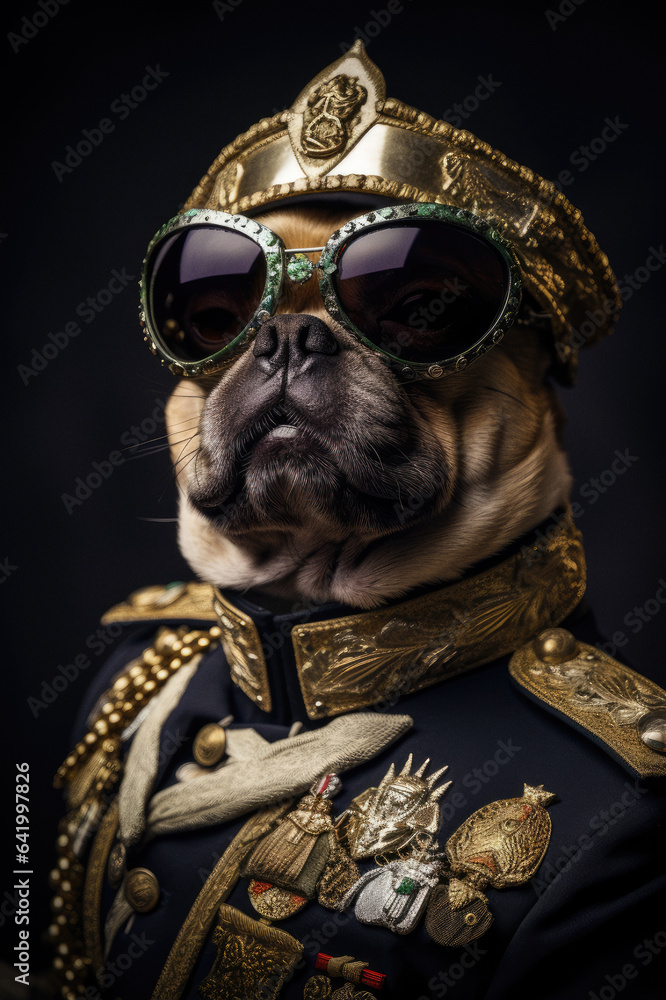 Pug with sunglasses dressed as president