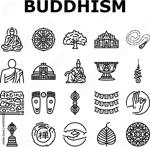 buddhism buddha lotus meditation icons set vector. buddhist religion, culture statue, zen religious, asia monk, thailand chinese, thai buddhism buddha lotus meditation black contour illustrations