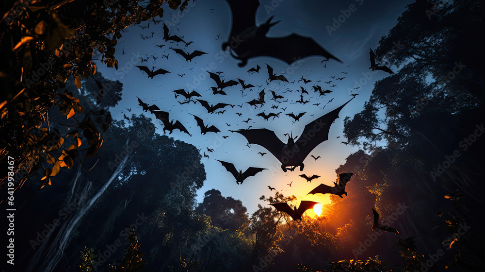 Enigmatic bats taking flight in the moonlight showcasing their nocturnal prowess and mysterious allure