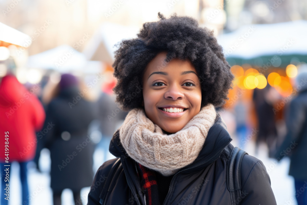 Young happy smiling african american woman in winter clothes at street Christmas market in Toronto Young happy smiling african american woman in winter clothes at street Christmas market in Toronto