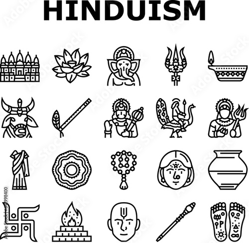 hinduism india hindu god religion icons set vector. indian lord statue, om ganesha, vishnu ganesh, krishna idol, religious hinduism india hindu god religion black contour illustrations