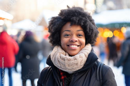 Young happy smiling african american woman in winter clothes at street Christmas market in Toronto