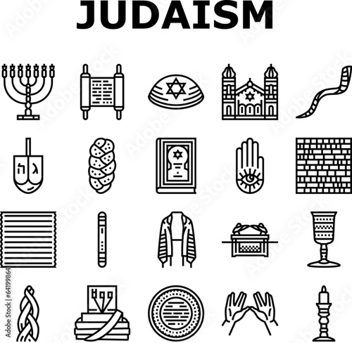judaism jewish jew israel torah icons set vector. synagogue holocaust, hebrew israeli, kippur hanukkah, yom shofar, pray star candle judaism jewish jew israel torah black contour illustrations