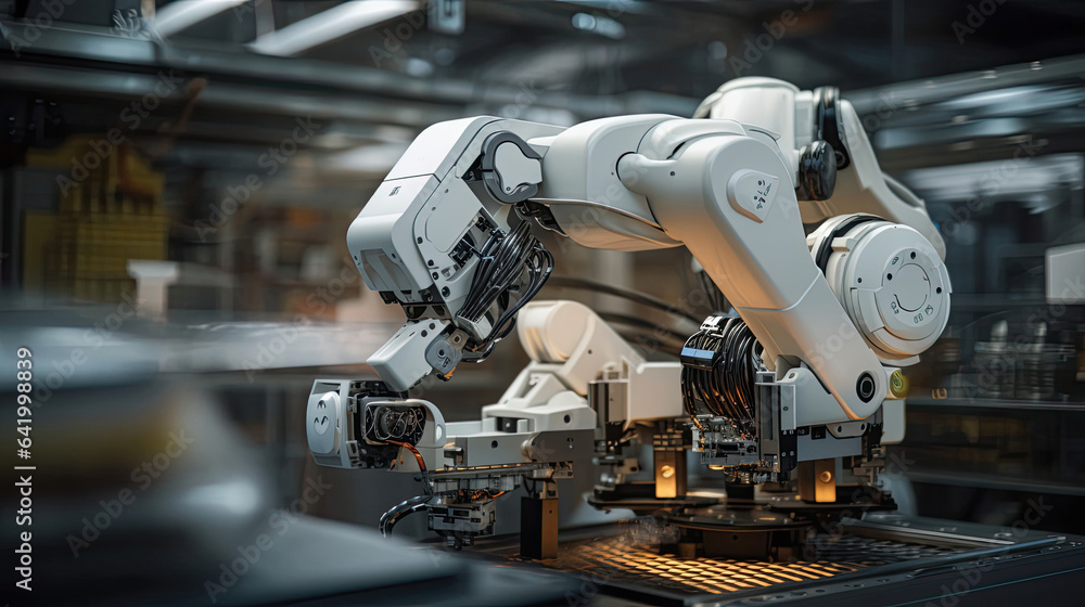 Fototapeta premium AI-guided industrial robots crafting intricate and precise products.