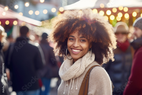 Young happy smiling african american woman in winter clothes at street Christmas market in Sidney © Jasmina