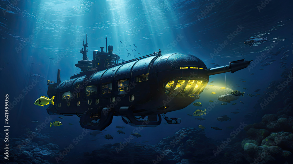Fototapeta premium AI-guided exploration submarines delving into ocean depths.
