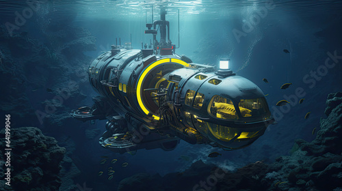 AI-guided exploration submarines delving into ocean depths.
