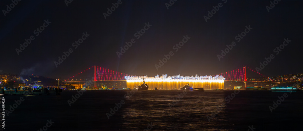 Fototapeta premium Istanbul Bridge with Fireworks, Istanbul Bosphorus, Turkey
