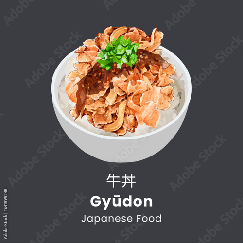 Japanese beef rice bowl or Gyudon. Japanese food style. Vector illustration