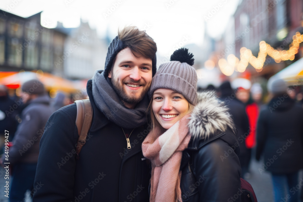 Happy young smiling couple in winter clothes at street Christmas market in Brussel