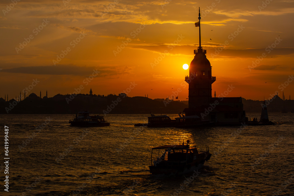 Maidens tower with beautiful orange sunset  Istanbul, turkey, kiz kulesi tower. 