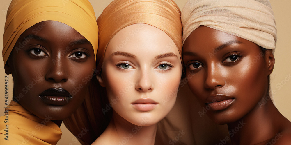 Unity in Diversity with Headscarf. A group of three women representing diverse races and cultures. Unity in Diversity with Headscarf. A group of three women representing diverse races and cultures.
