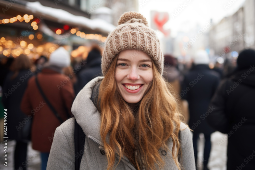 Young happy smiling woman in winter clothes at street Christmas market in Toronto