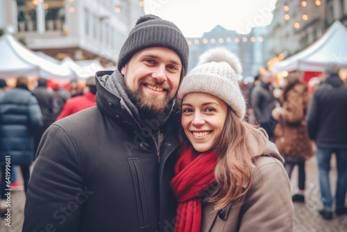 Happy young smiling couple in winter clothes at street Christmas market in Brussel