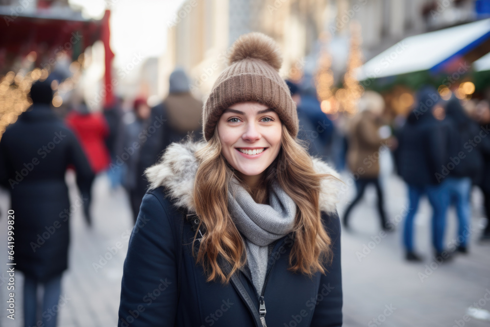 Young happy smiling woman in winter clothes at street Christmas market in Toronto