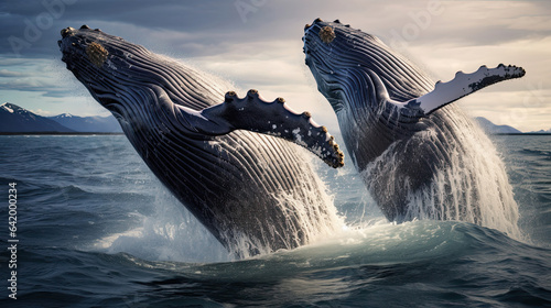 Magnificent humpback whales breaching the surface of the ocean their immense size and power awe-inspiring © javier