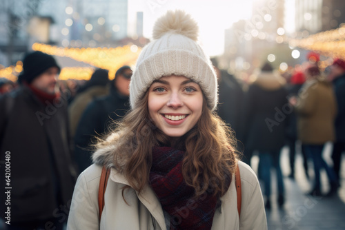 Young happy smiling woman in winter clothes at street Christmas market in Toronto © Jasmina