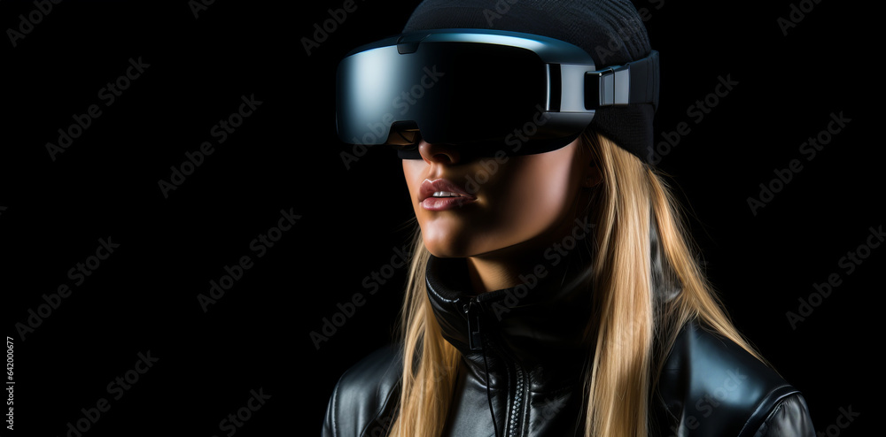 Girl in a virtual reality headset on a black background. Copy space. Banner. Girl in a virtual reality headset on a black background. Copy space. Banner.