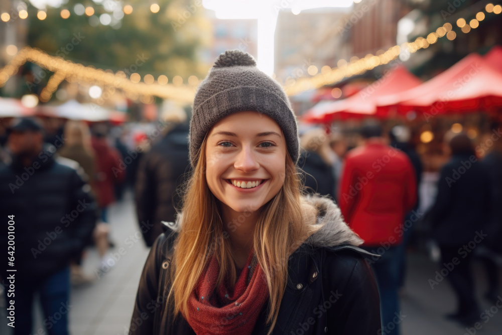 Young happy smiling woman at street Christmas market in Sidney 