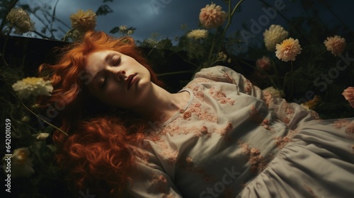  Young woman with red hair sleeping peacefully, lying down surrounded by thorny roses, eternal beauty - generative AI