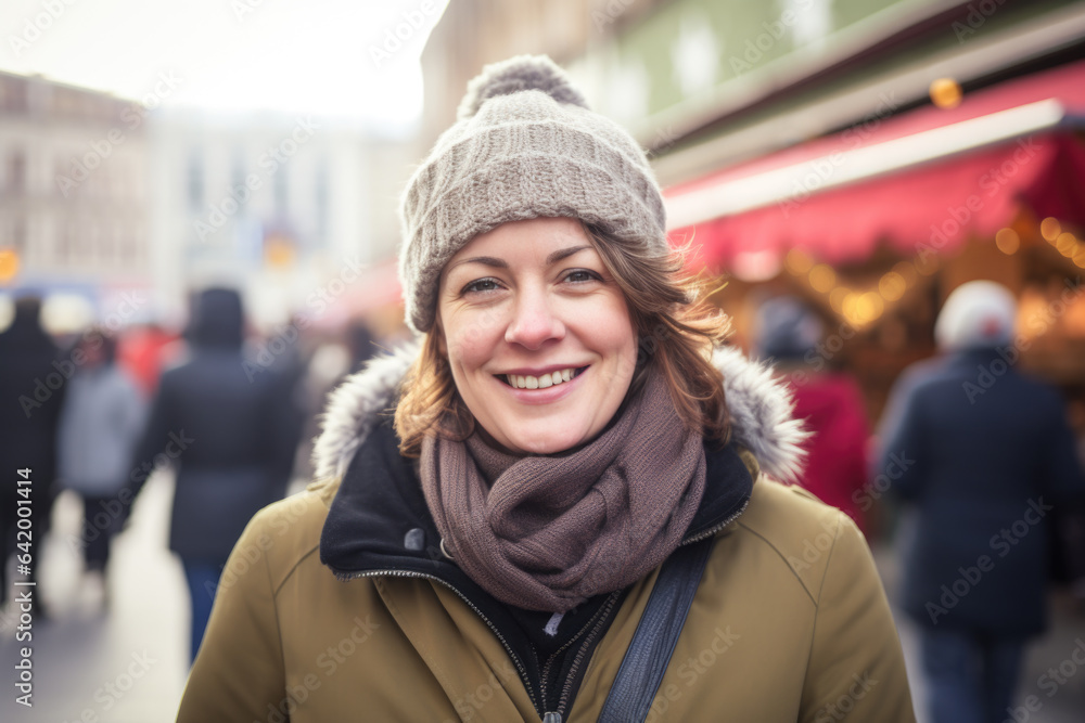 Happy smiling woman in winter clothes at street Christmas market in Vienna Happy smiling woman in winter clothes at street Christmas market in Vienna