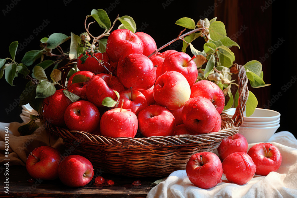 Harvest of red apples in a wicker basket Harvest of red apples in a wicker basket