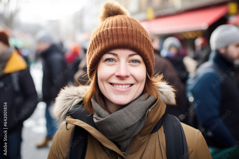 Happy smiling woman in winter clothes at street Christmas market in Vienna Happy smiling woman in winter clothes at street Christmas market in Vienna