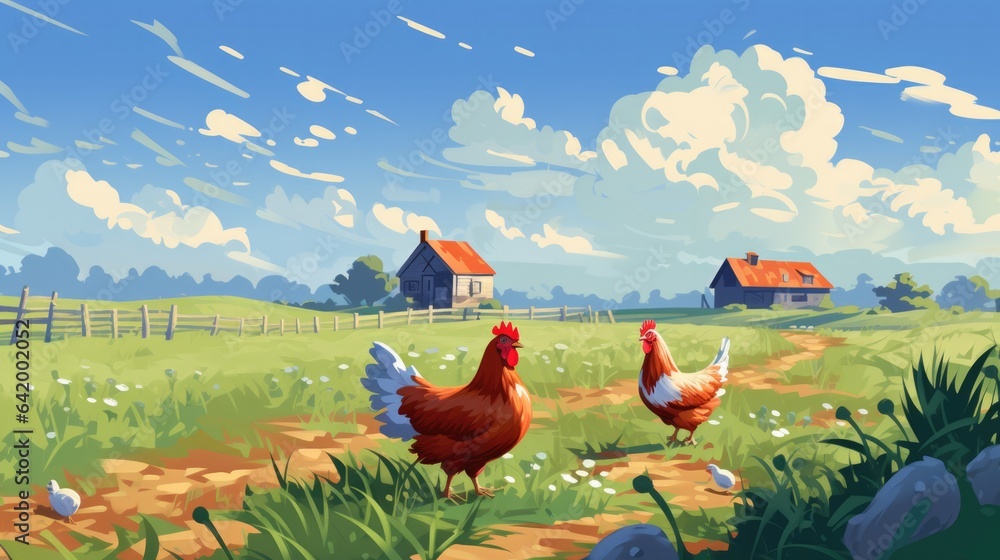 chickens at the farm - obrazy, fototapety, plakaty 