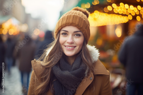 Young happy smiling woman in winter clothes at street Christmas market in Vienna
