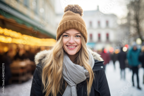 Young happy smiling woman in winter clothes at street Christmas market in Vienna © Jasmina