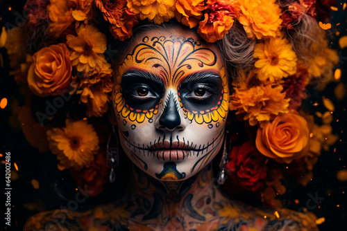 Vibrant Day of the Dead woman portrait with sugar skull makeup and a captivating gaze