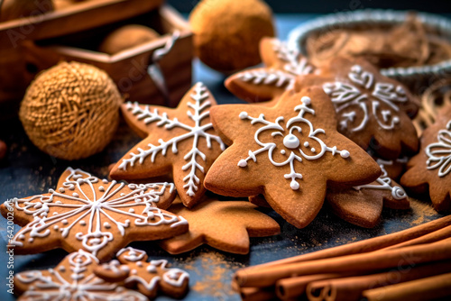 Christmas gingerbread cookies on a wooden table with christmas decoration