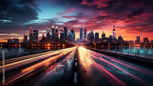 light trails of the vehicles on a night city of new york  city of skyline  aurora background colourful background