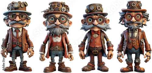 Four cartoon characters of elderly men in steampunk outfit, generative ai