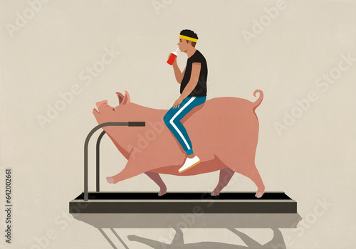 Man sitting and drinking on pig exercising, walking on treadmill
 photo