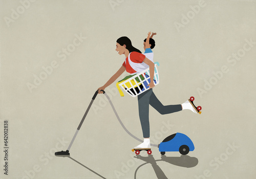 Woman in roller skates doing chores with baby on back
 photo
