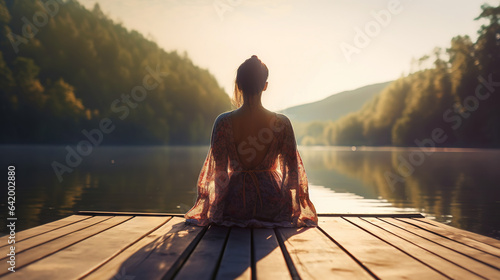 Young girl practice yoga on wooden pier with a view on lake and beautiful landscape. Generative AI
