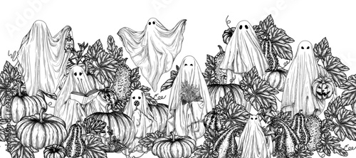 Vector horizontal seamless pattern with various ghosts in a pumpkin garden in engraving style. Ghost with a book, with a lamp, with a bouquet, with a candy, with a Halloween pumpkin, a ghost cat