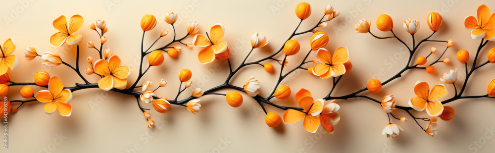 Autumn banner. A branch with orange flowers on a beige background Autumn banner. A branch with orange flowers on a beige background