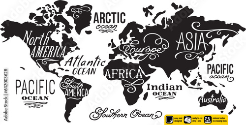 World map Vinyl ready vintage design map of the world ornamental design with artistic lettering in English language created for vinyl cutting or cnc plasma. Wall sticker. Black and white silhouette.