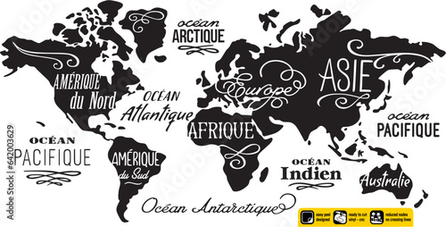 Carte du monde Carte du monde en vinyle prêt à l'emploi, design vintage, design ornemental, lettrage artistique en français, créé pour la découpe vinyle ou le plasma cnc. Sticker mural. Silhouette.