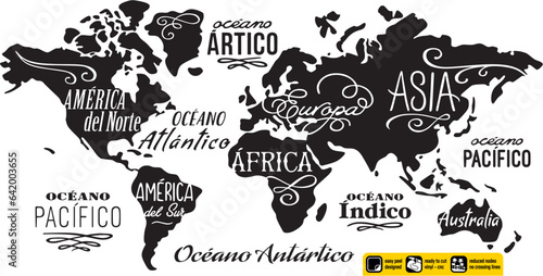 Mapamundi para vinilo de corte diseño vintage mapa del mundo diseño ornamental letras artísticas en lengua español creado corte de vinilo o plasma cnc. Adhesivo mural. Silueta en blanco y negro.