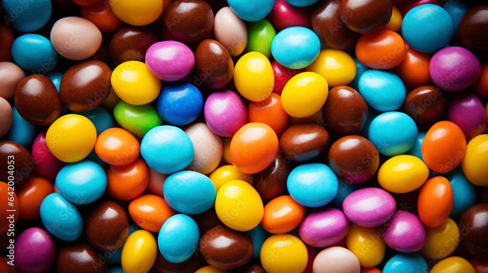 Close up of a pile of colorful chocolate coated candies. Candy background. Generative AI Close up of a pile of colorful chocolate coated candies. Candy background. Generative AI