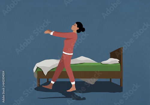 Woman in pajamas sleepwalking along bed in nighttime bedroom
