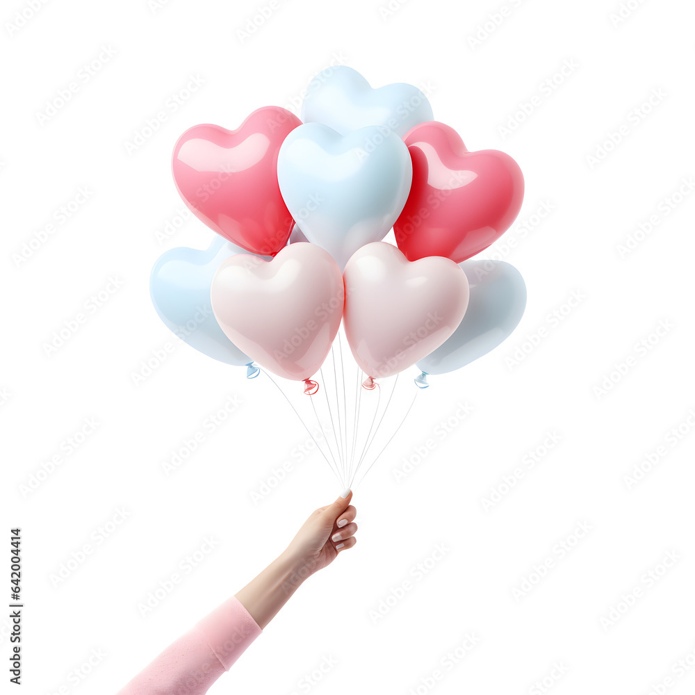 Hand holding a colorful balloons in hearts shaped , isolated on white and transparent background, ai generate