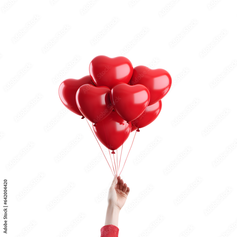 Hand holding a red balloons in hearts shape , isolated on white and transparent background, ai generate